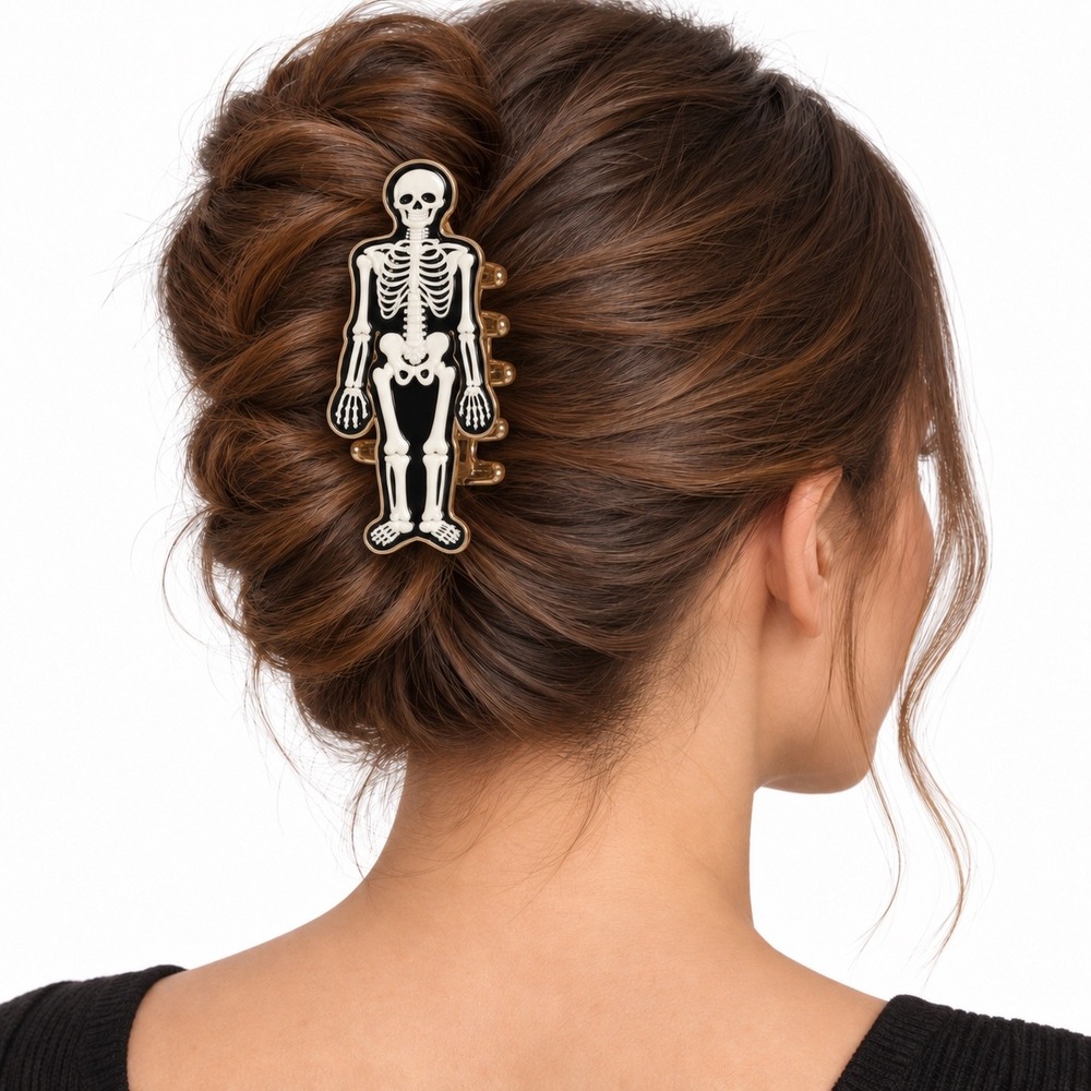 Piper K Skeleton Hair Claw Clip Halloween Black White Enamel Gold Metal 110-78